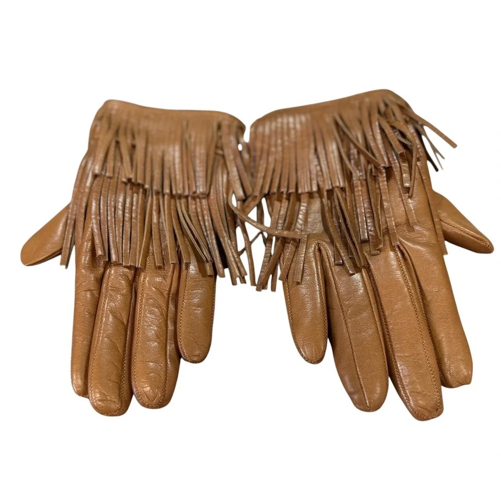 Bloomingdale's Italian Leather Fringe Gloves Camel Cashmere Lined SZ 6 NWT Boho